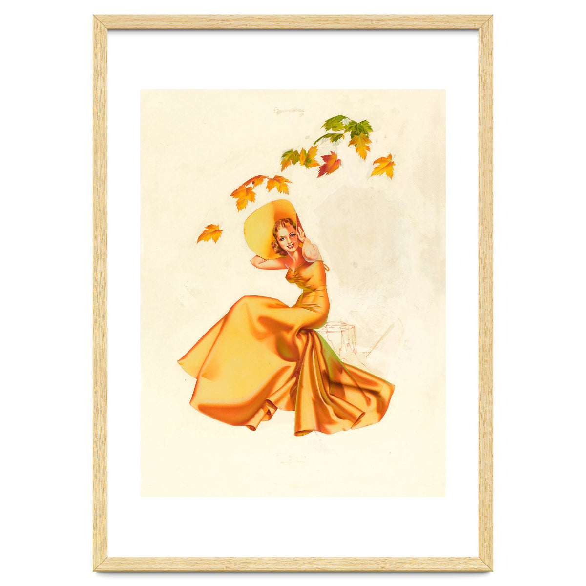 Woman Posing In Yellow Dress And Autumn Leafs