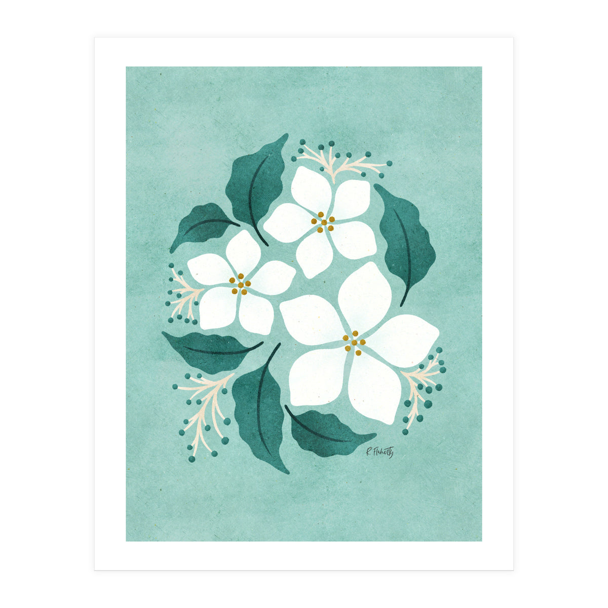 White Flowers On Mint (Print Only)