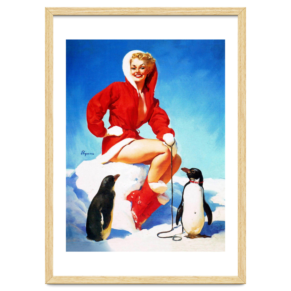 Pinup Sexy Woman Posing With Two Penguins