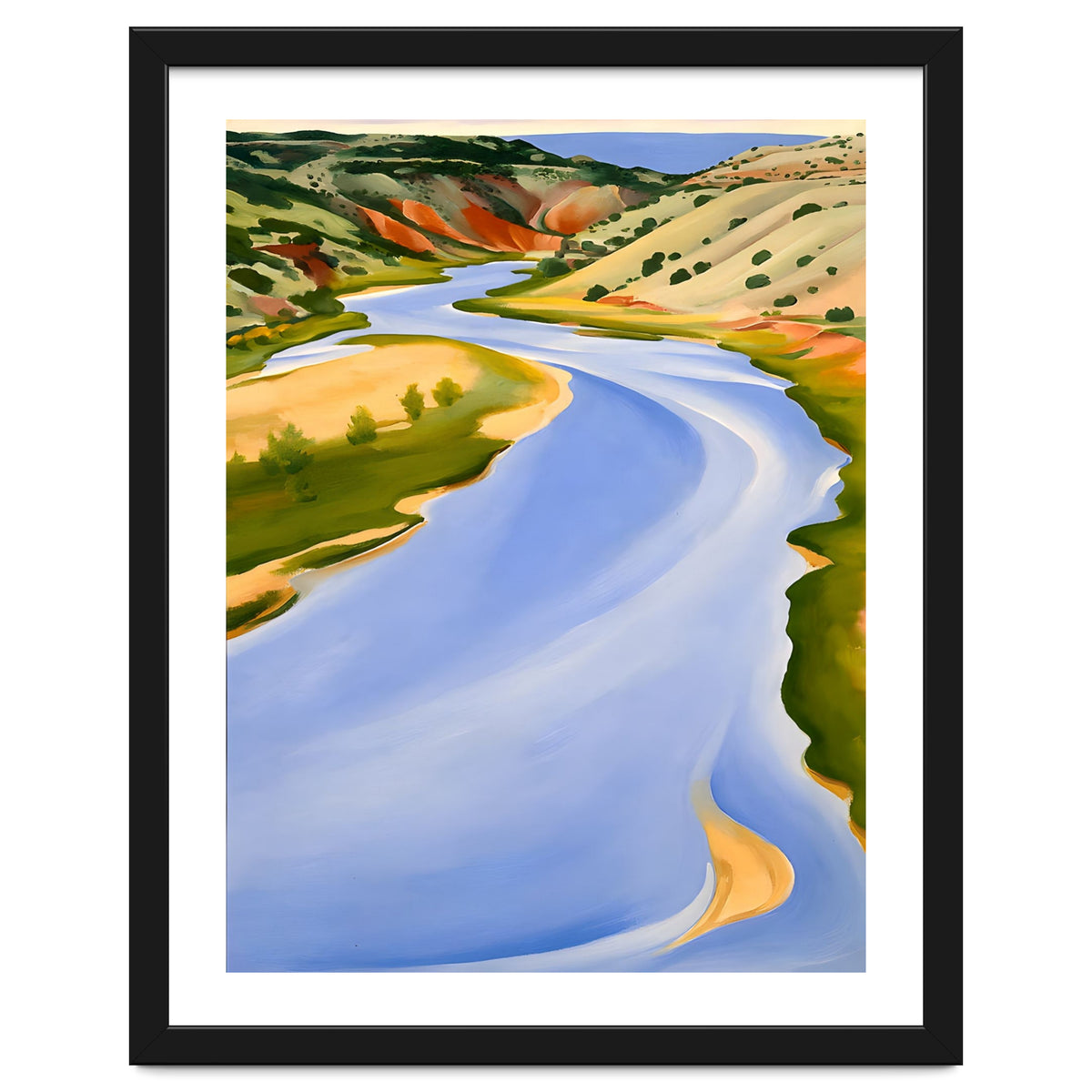 Georgia O’Keeffe – Chama River, Ghost Ranch (1937) | Serene Southwestern Landscape in Bold Modernist Forms