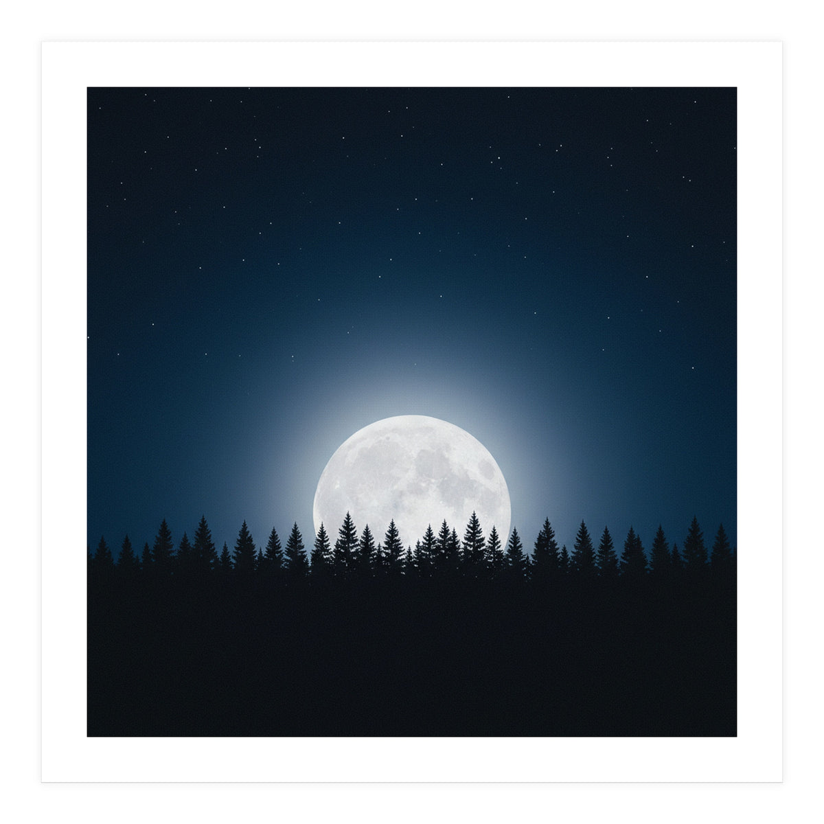 Midnight Serenity: Full Moon Over Forest Silhouettes (Print Only)