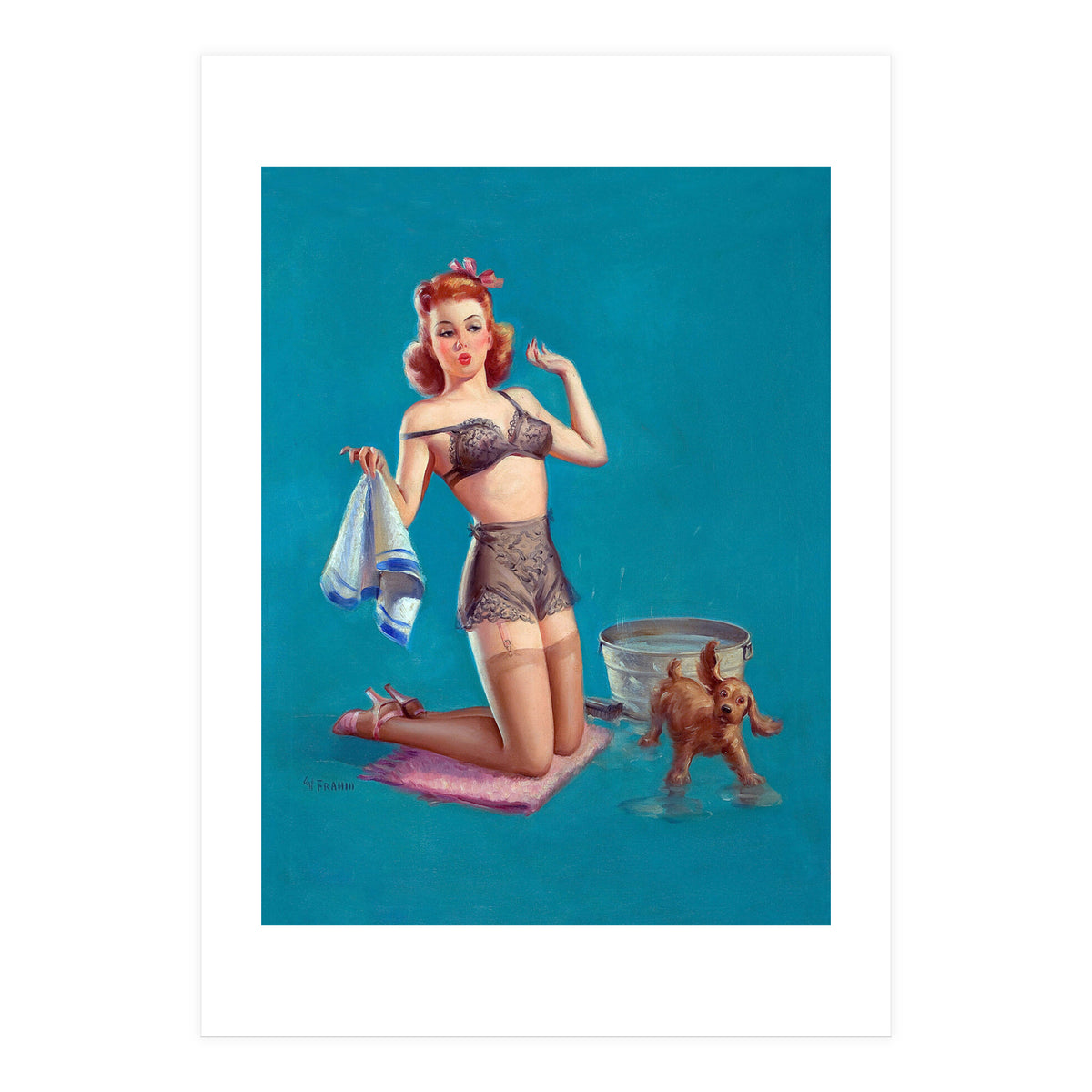 Pinup Girl Bathing A Dog (Print Only)
