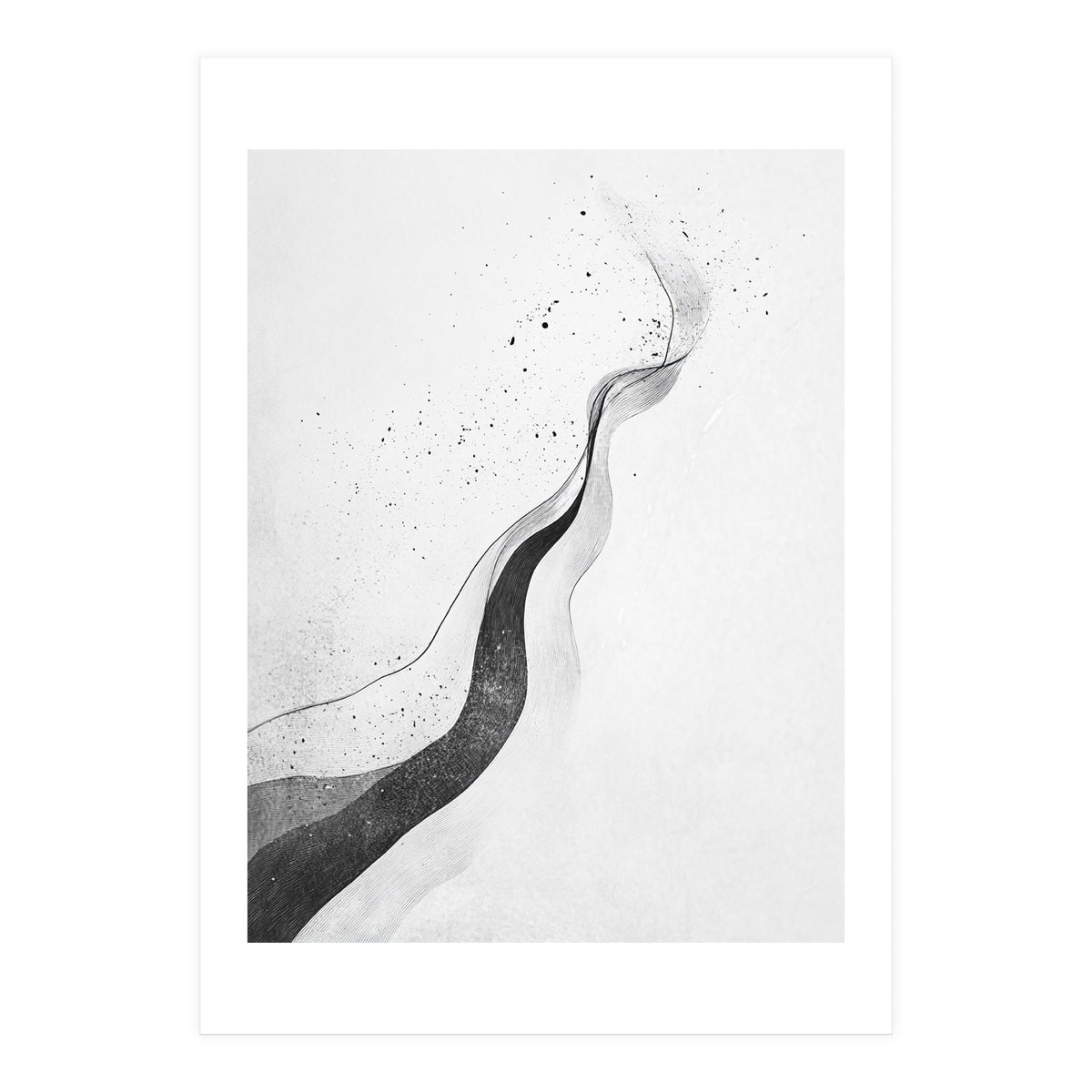 Abstract Black And White Ink Flowing Lines With Splatter (Print Only)