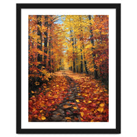 Sun-Drenched Golden Forest Path with Vibrant Autumn Foliage