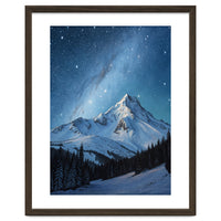 Majestic Snow-Capped Mountain Peak Under a Brilliant Starry Night Sky