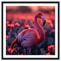Pink Flamingo Bird Standing Among Flowers At Sunset