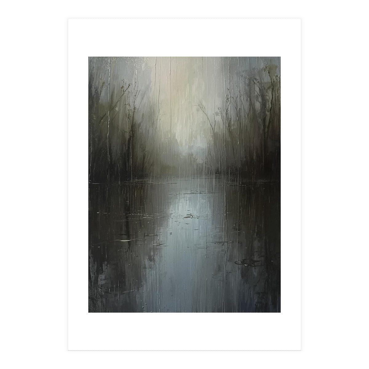 Ethereal Rainy Lake Forest Oil Painting (Print Only)