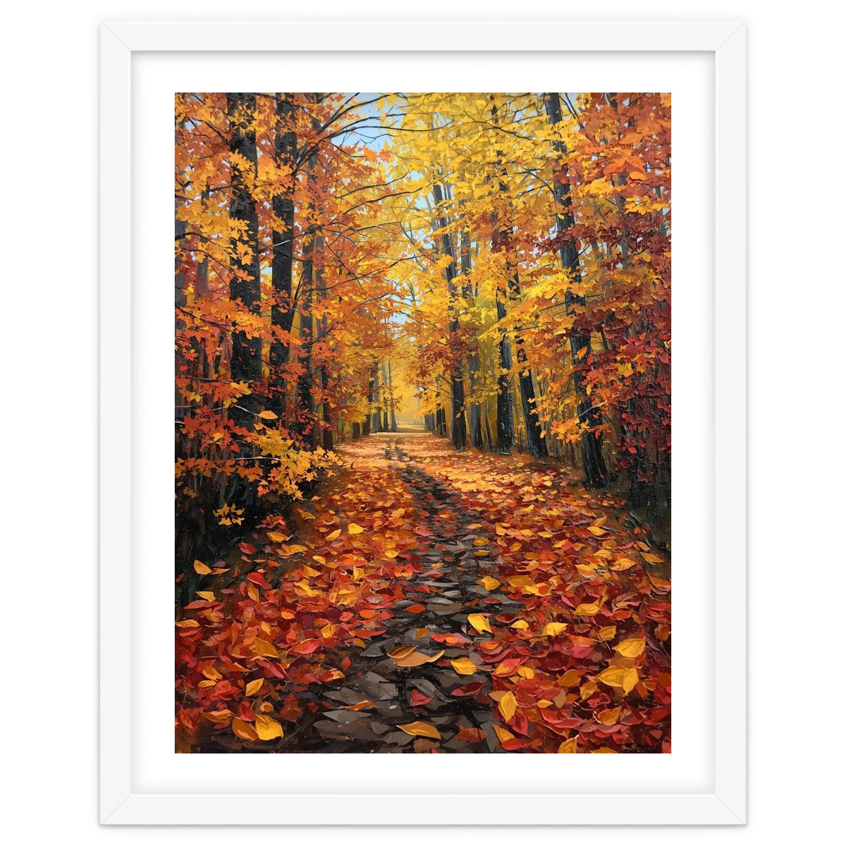 Sun-Drenched Golden Forest Path with Vibrant Autumn Foliage