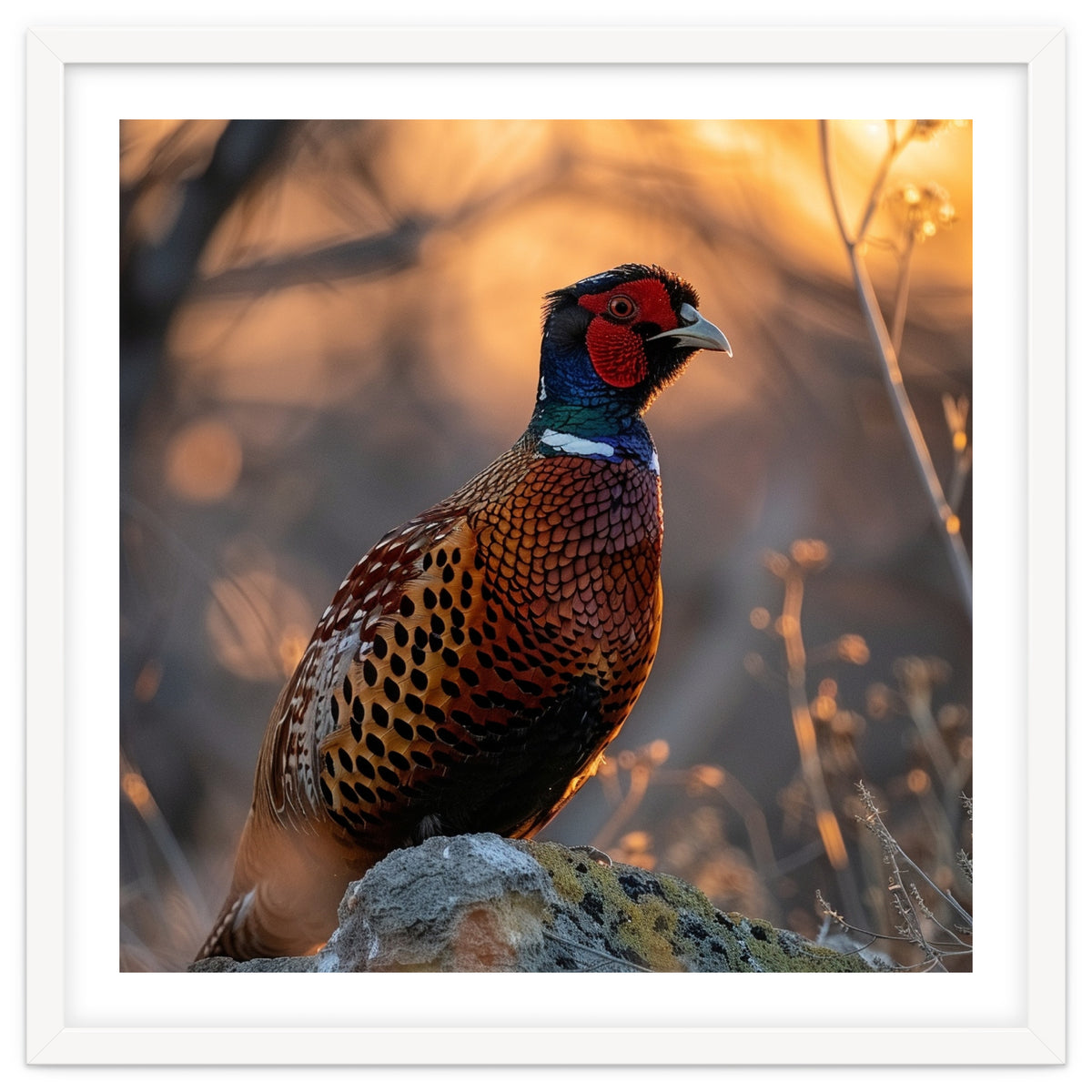 Pheasant Bird Standing On Rock Sunrise Light