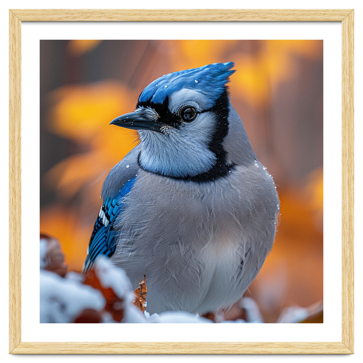 Blue Jay Bird In Winter Snowfall And Leaves