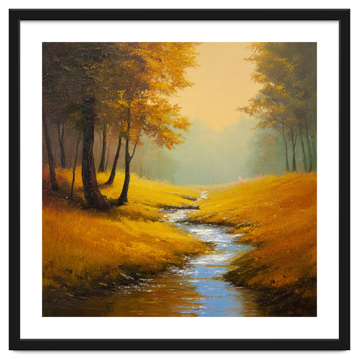 Golden Autumn Forest Path with Winding Creek