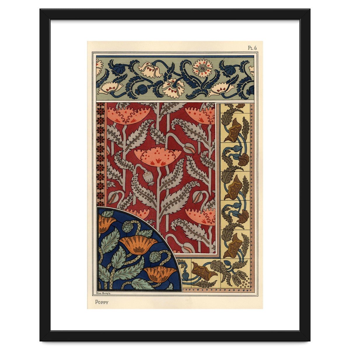 The poppy, Papaver somniferum, in stained glass, wallpaper, fabric and tile patterns. Lithograph ...