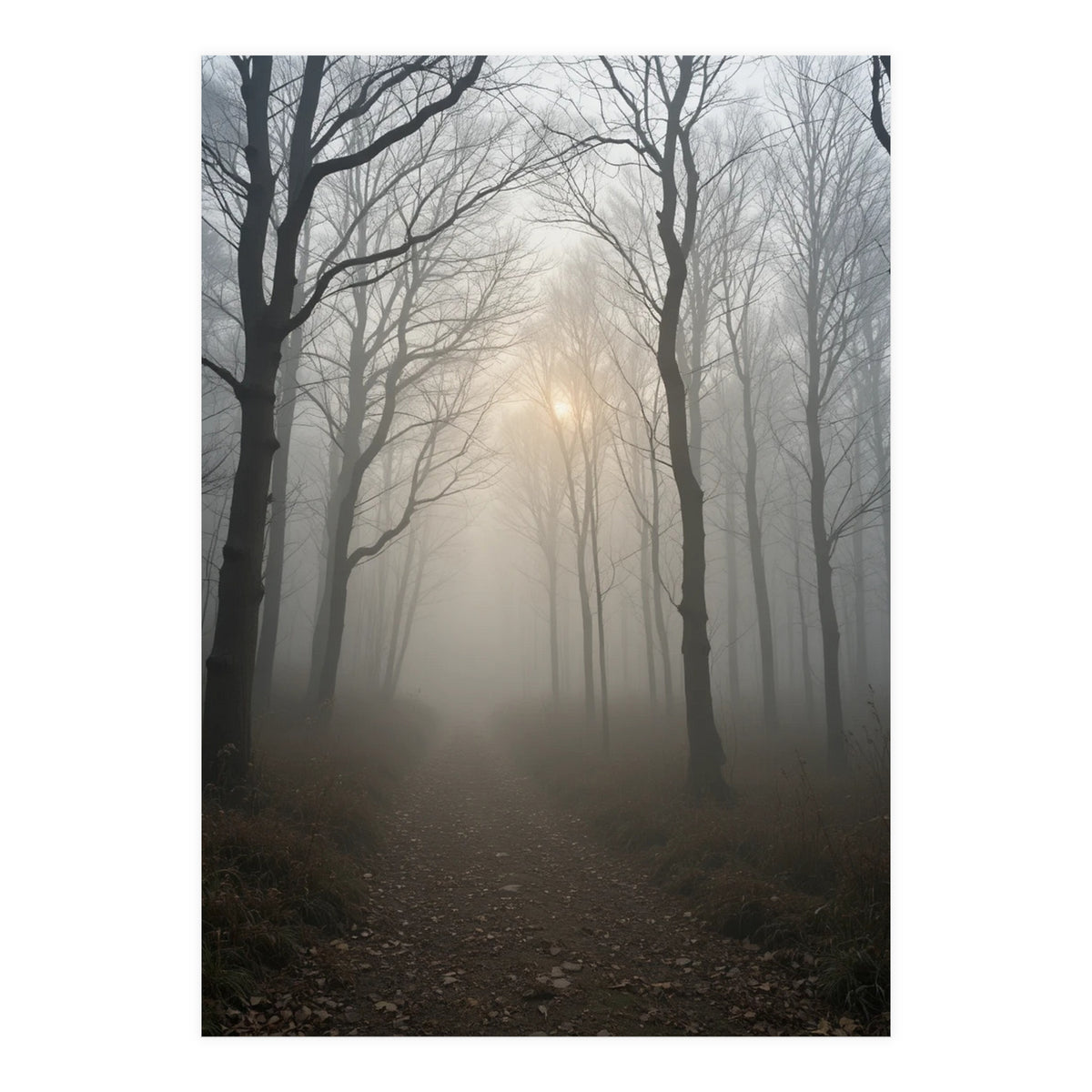 Ethereal Morning Light Breaking Through Dense Forest Fog (Print Only)