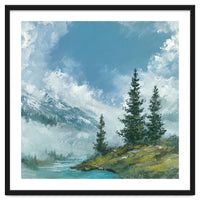Ethereal Alpine River Valley with Snow-Capped Mountains