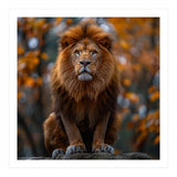 Majestic Lion Sitting On A Rock In Autumn Forest (Print Only) thumbnail