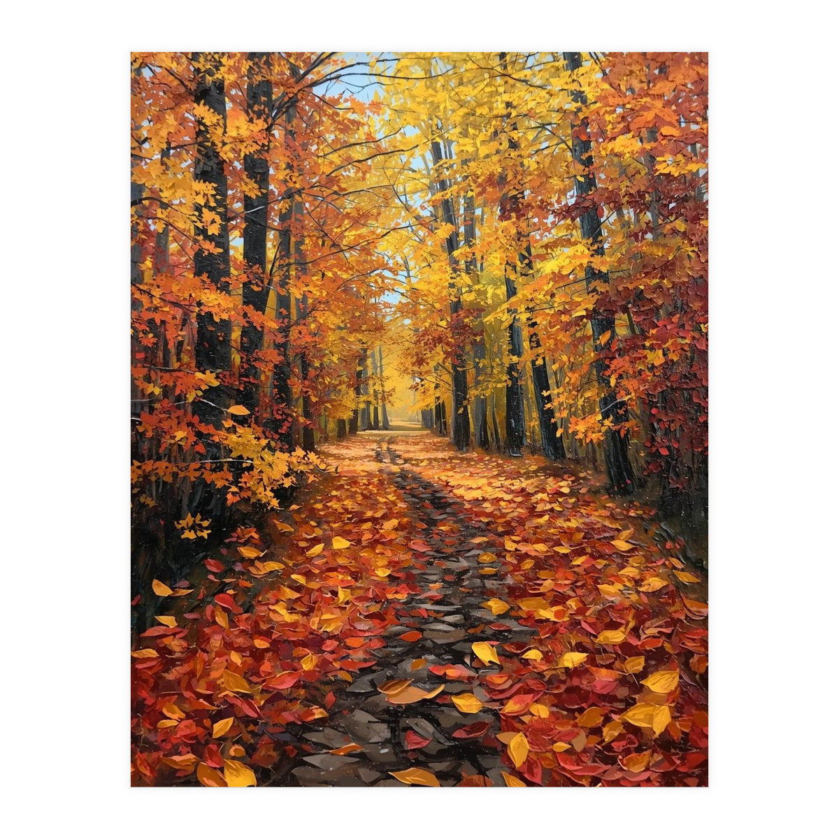Sun-Drenched Golden Forest Path with Vibrant Autumn Foliage (Print Only)