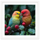 Lovebirds Perched Amidst Red Berries And Green Foliage thumbnail