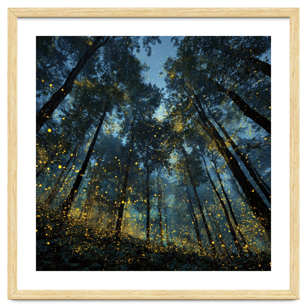 Celestial Forest Canopy with Swirling Golden Fireflies and Deep Twilight Blue Sky Digital Art