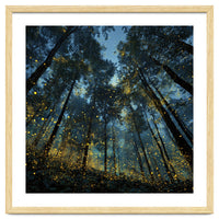 Celestial Forest Canopy with Swirling Golden Fireflies and Deep Twilight Blue Sky Digital Art