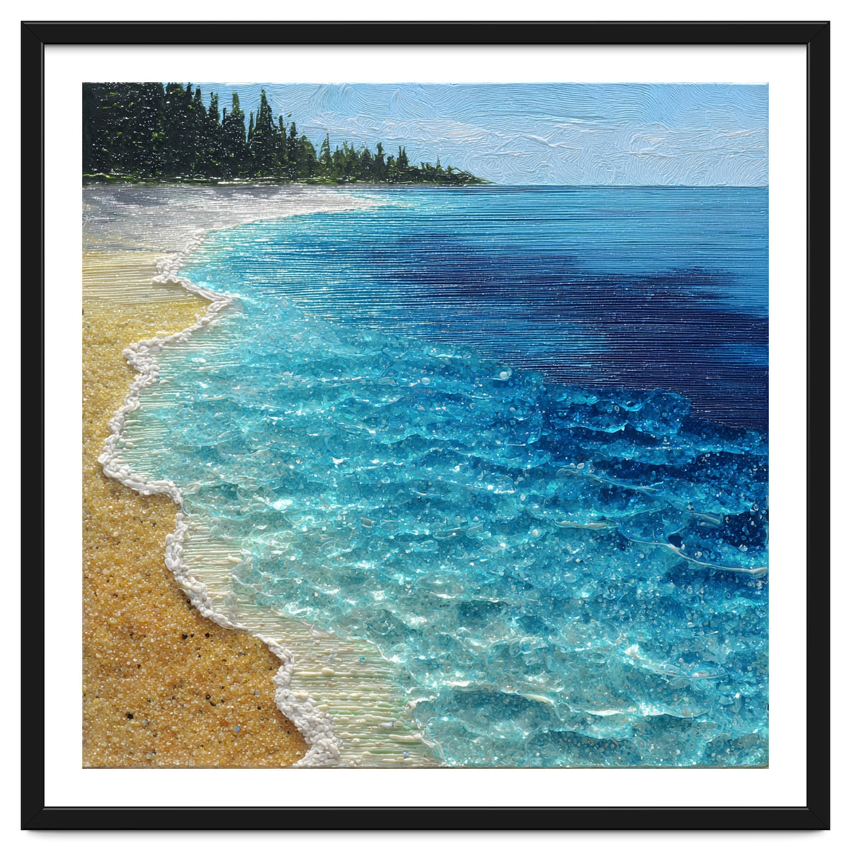 Sun-Drenched Coastal Shoreline with Textured Impasto Waves