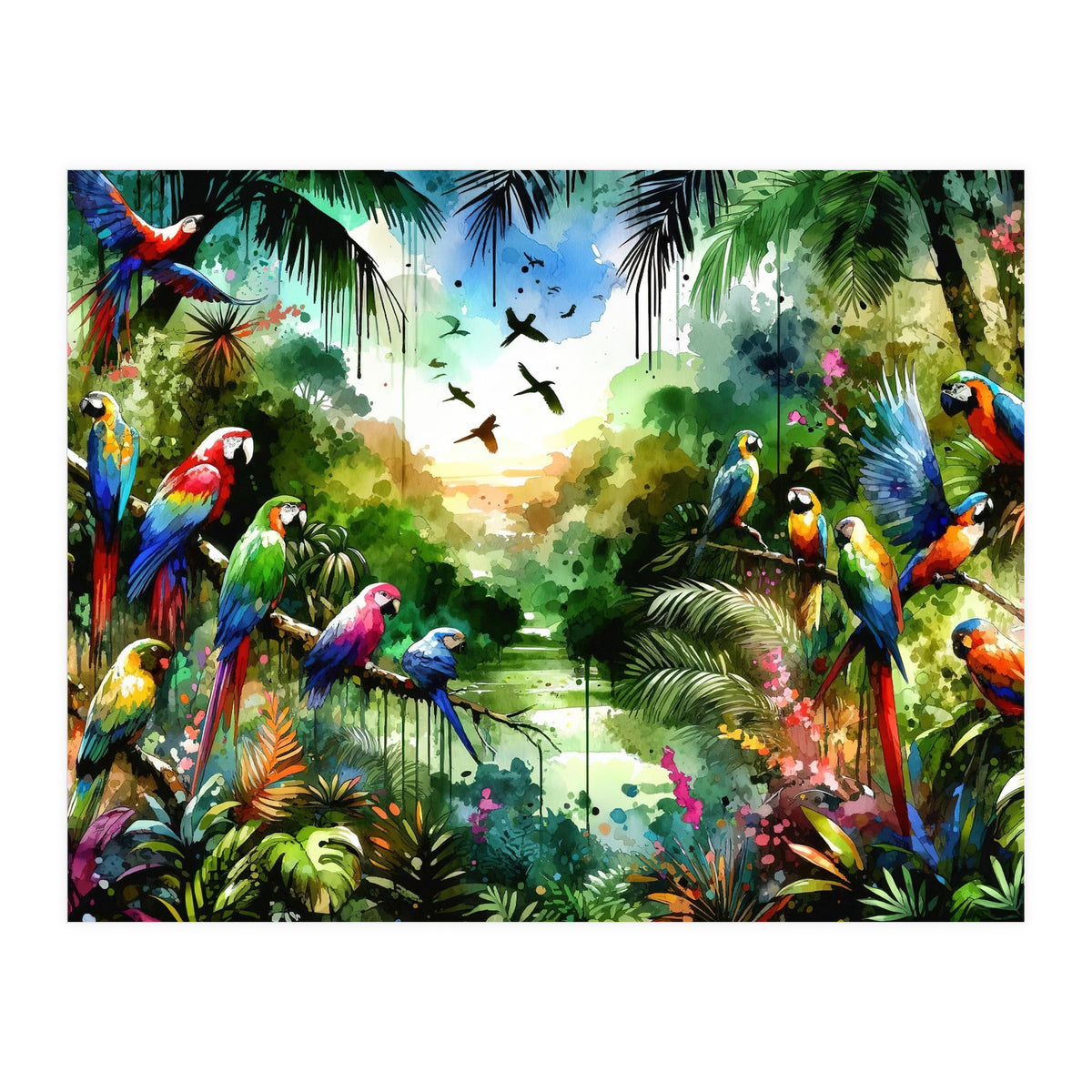 Watercolor Tropical Birds In The Jungle (Print Only)