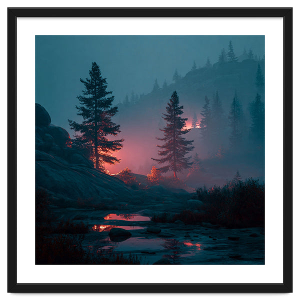 Atmospheric Twilight Pine Forest with Glowing Crimson Light