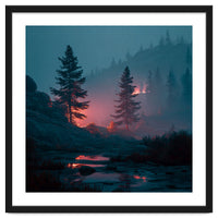 Atmospheric Twilight Pine Forest with Glowing Crimson Light