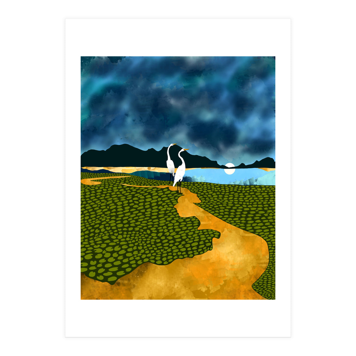 Great Egrets On Honeymoon Island, Heron Wildlife Painting Nature Landscape, Travel Dark Scenic Birds Love Animals Lake Bohemian (Print Only)