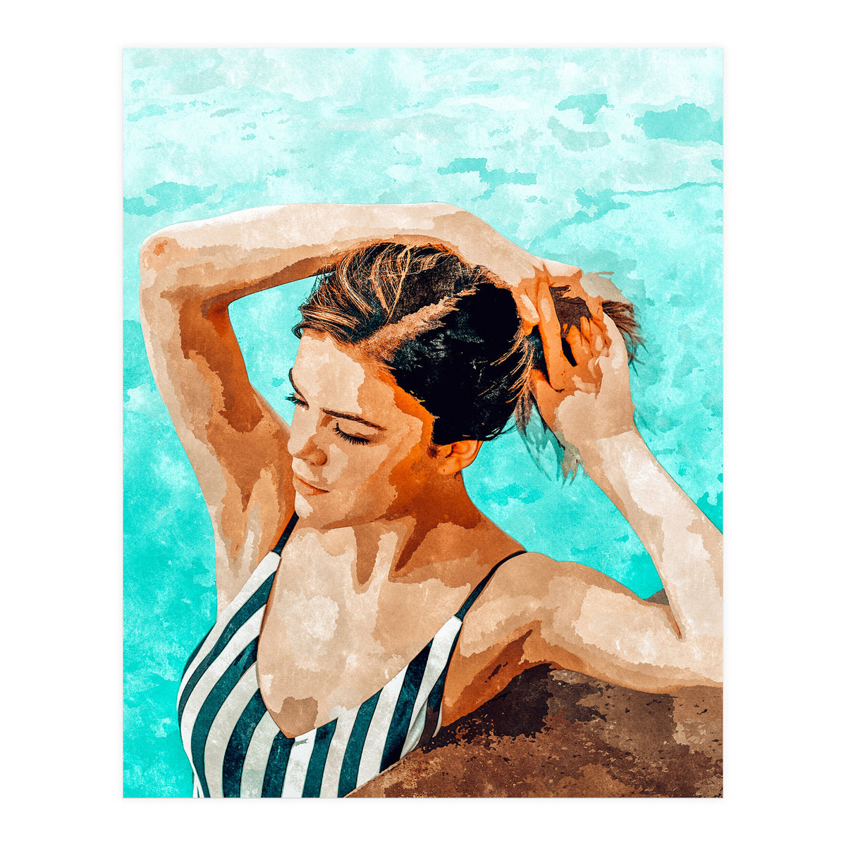 Simulacrum | Modern Bohemian Woman Swim | Summer Swimming Pool Fashion Watercolor Painting (Print Only)