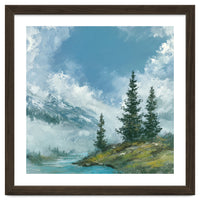 Ethereal Alpine River Valley with Snow-Capped Mountains
