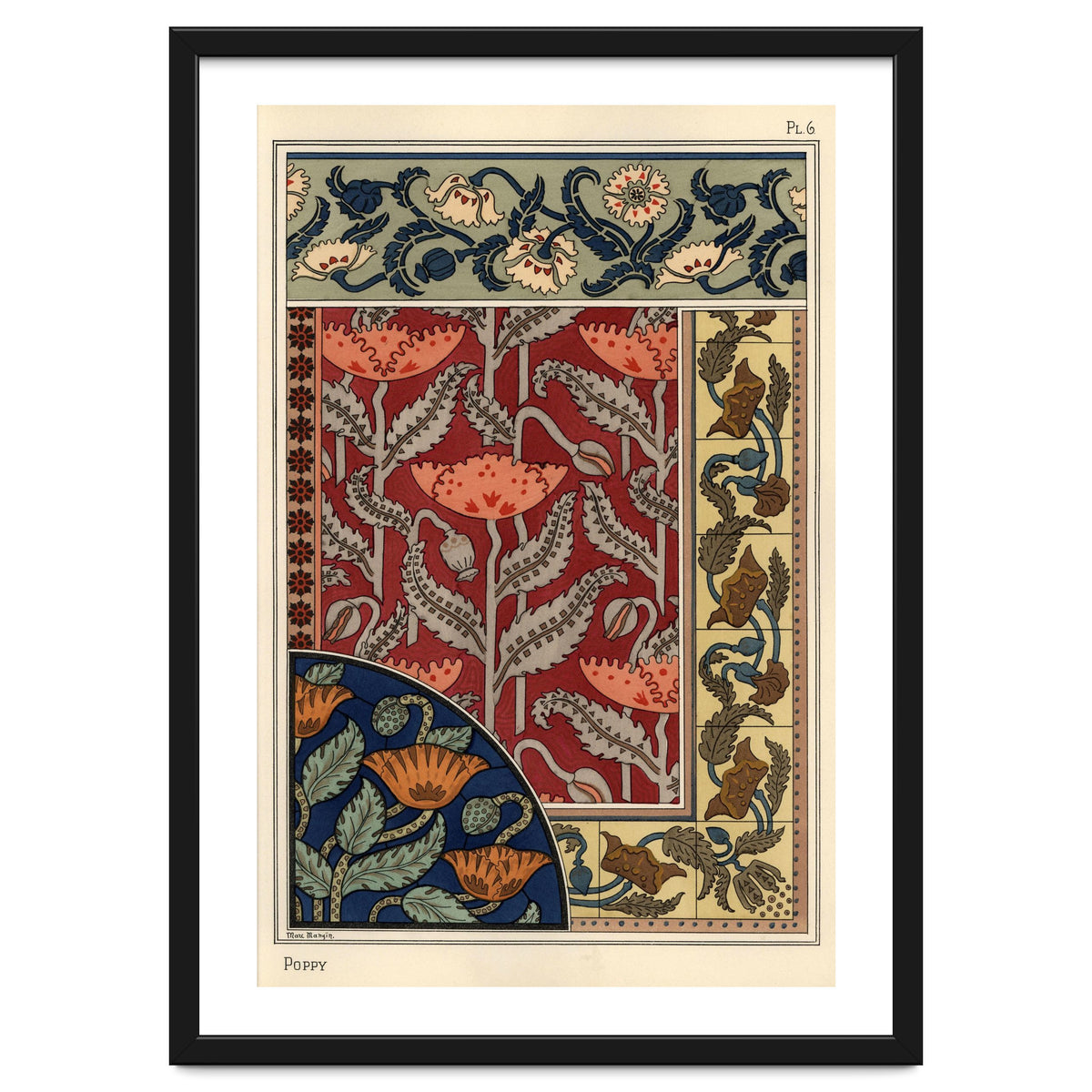 The poppy, Papaver somniferum, in stained glass, wallpaper, fabric and tile patterns. Lithograph ...