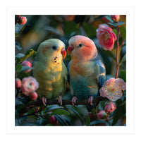 Two Lovebirds Perched On A Branch Near Flowers (Print Only)