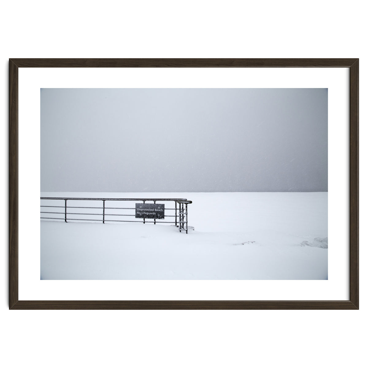 No lifeguards on the sign board in the winter snow beach