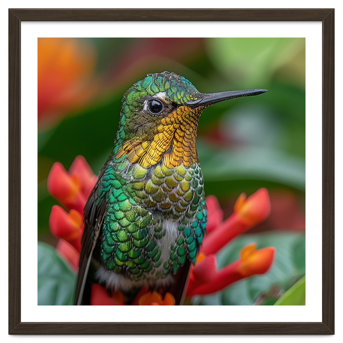 Close Up Of A Hummingbird On Red Flowers