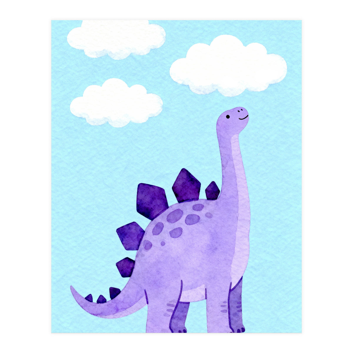 Purple Stegosaurus Watercolor Art, Cute Dinosaur Nursery Print, Dino and Clouds Illustration (Print Only)