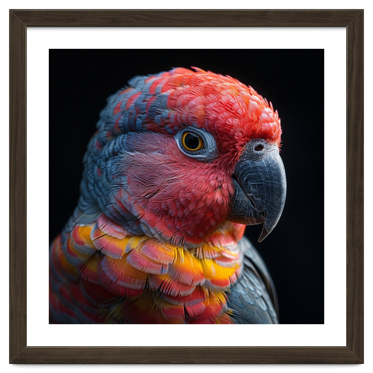 Close Up Parrot Face Red Blue Yellow Plumage