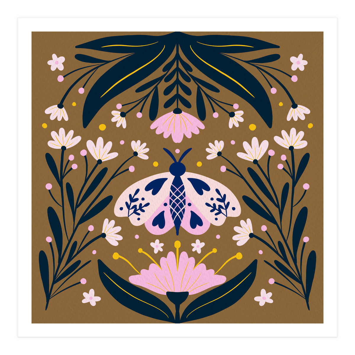 Pink Moth with Flowers on a brown background (Print Only)
