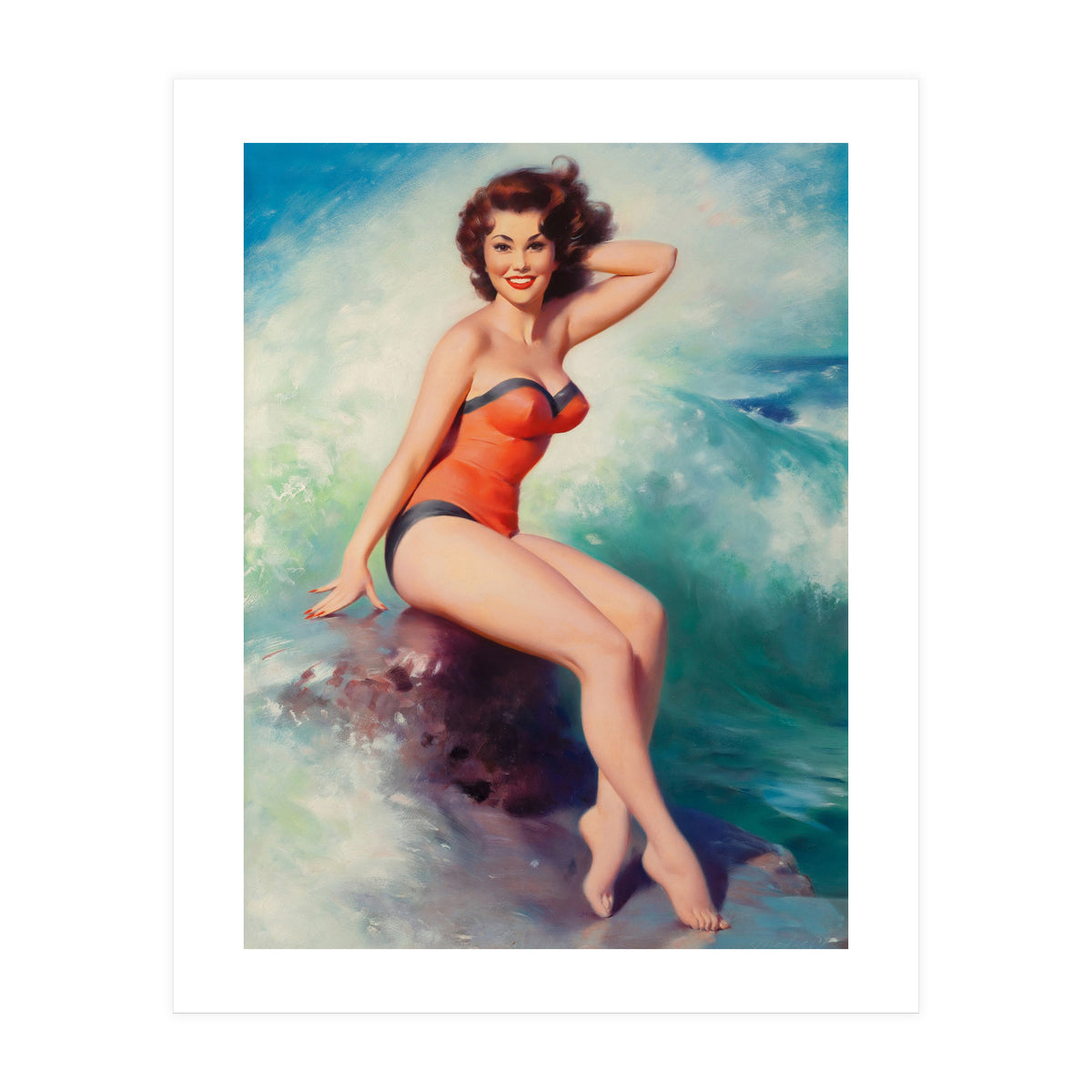 Pinup Girl Posing In Front Of Big Waves On The Beach (Print Only)