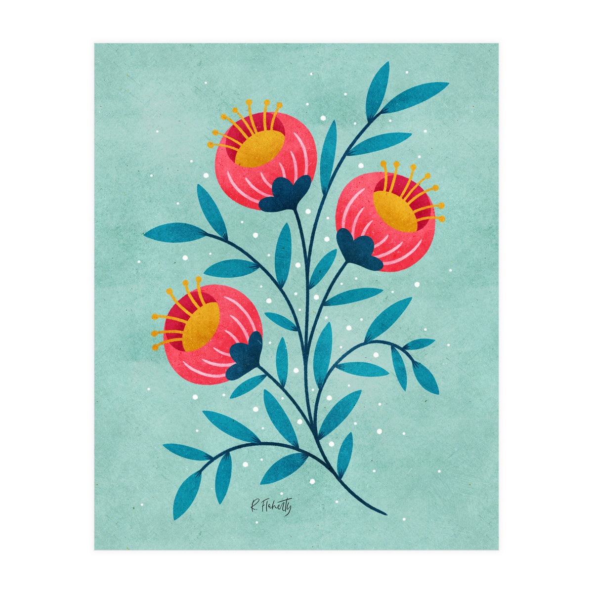 Teal And Coral Flowers (Print Only)