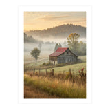 Rustic Red Roof Barn in Misty Morning Valley Landscape (Print Only) thumbnail
