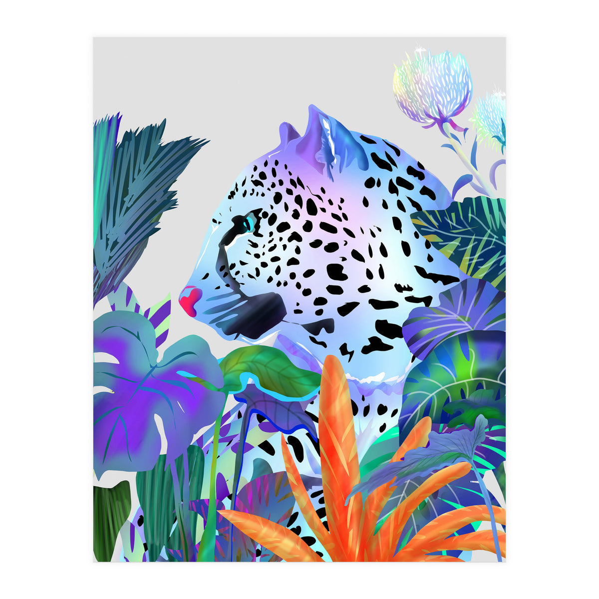 Holographic Leopard, Tropical Jungle Eclectic Nature, Colorful Botanical Wildlife, Boho Contemporary Animals, Tiger Cheetah Cat Maximalism (Print Only)