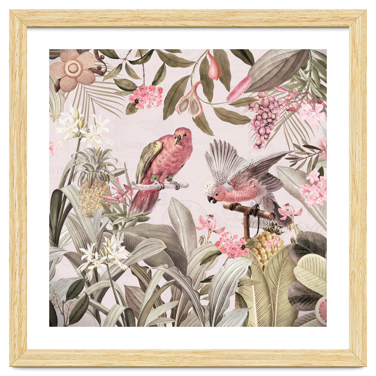 Colorful Parrots In Flower And Fruit Tropical Jungle