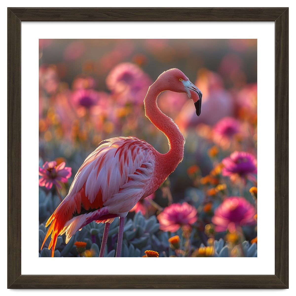 Pink Flamingo Standing In A Field Of Flowers