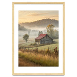 Rustic Red Roof Barn in Misty Morning Valley Landscape thumbnail