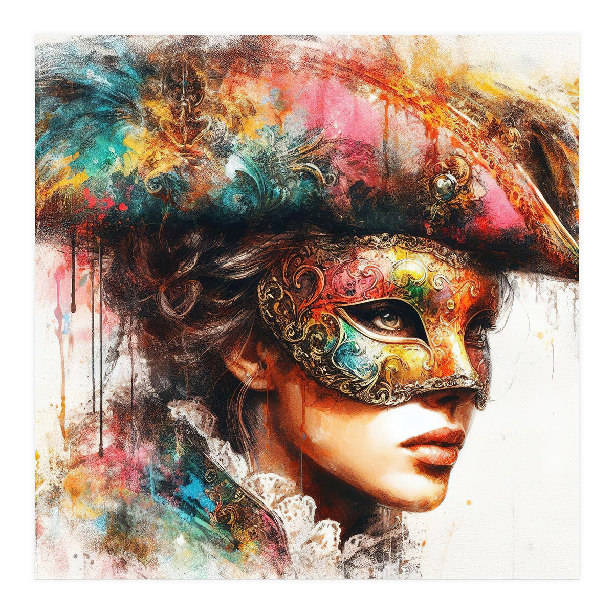 Watercolor Carnival Venetian Mask Woman (Print Only)