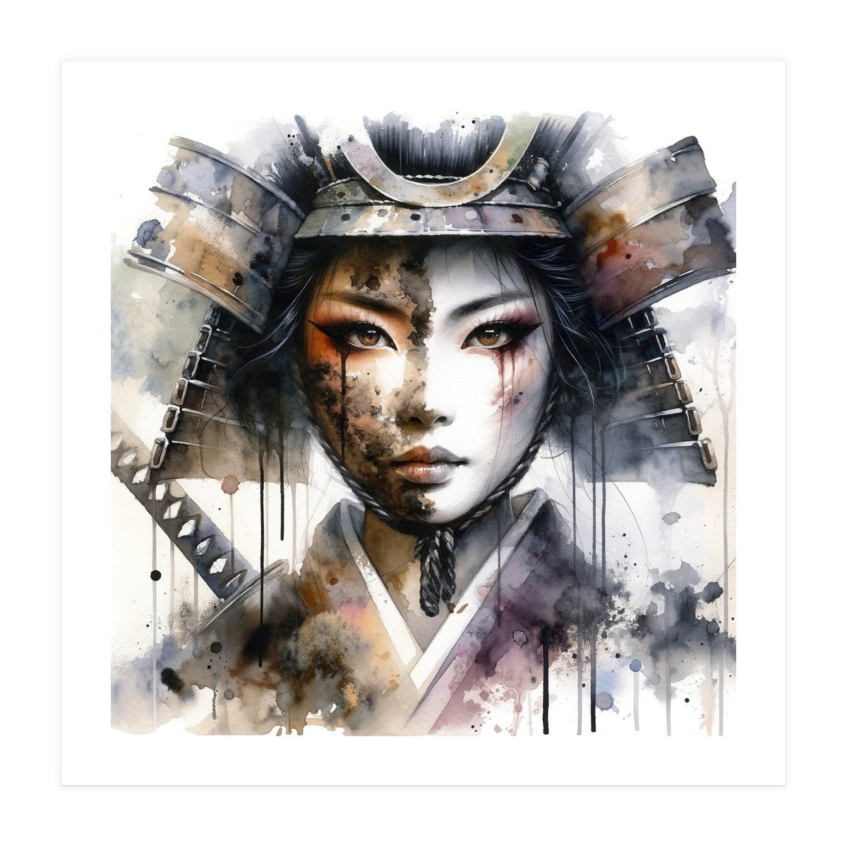Ink Veil Asian Warrior Woman Portrait (Print Only)