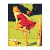 Pinup Girl In Red Dress Crossing The Barbed Wire While Looking At The Bull (Print Only) thumbnail