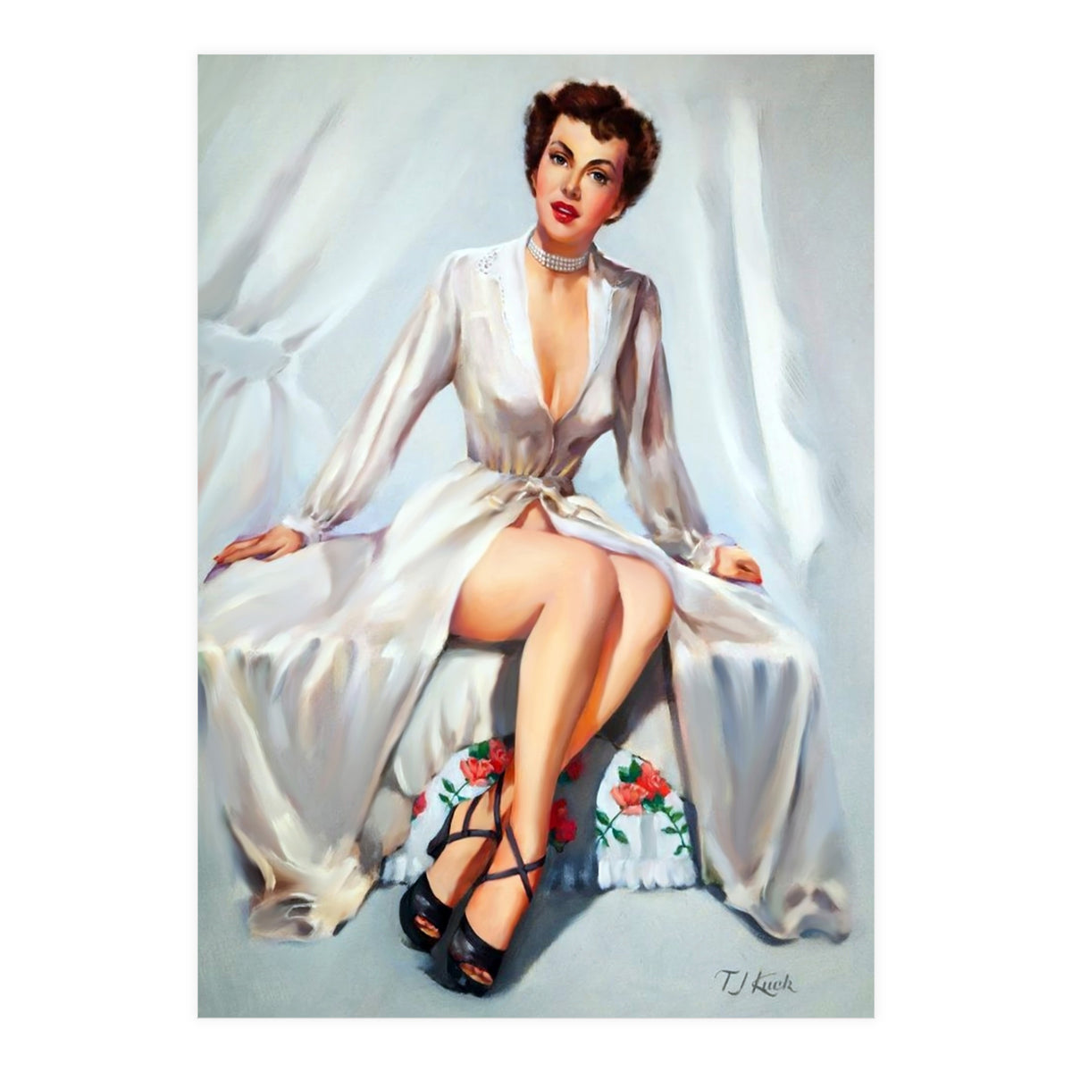 Beautiful Sexy Pinup In Posing Long White Dress (Print Only)