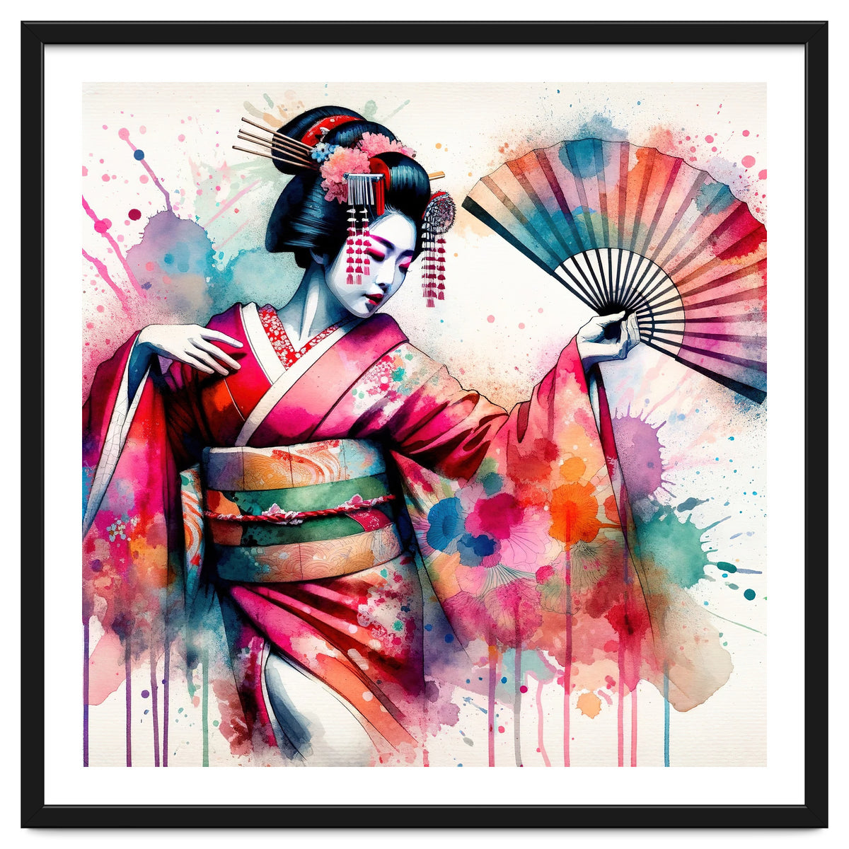Vibrant Geisha With Rainbow Hand Fan