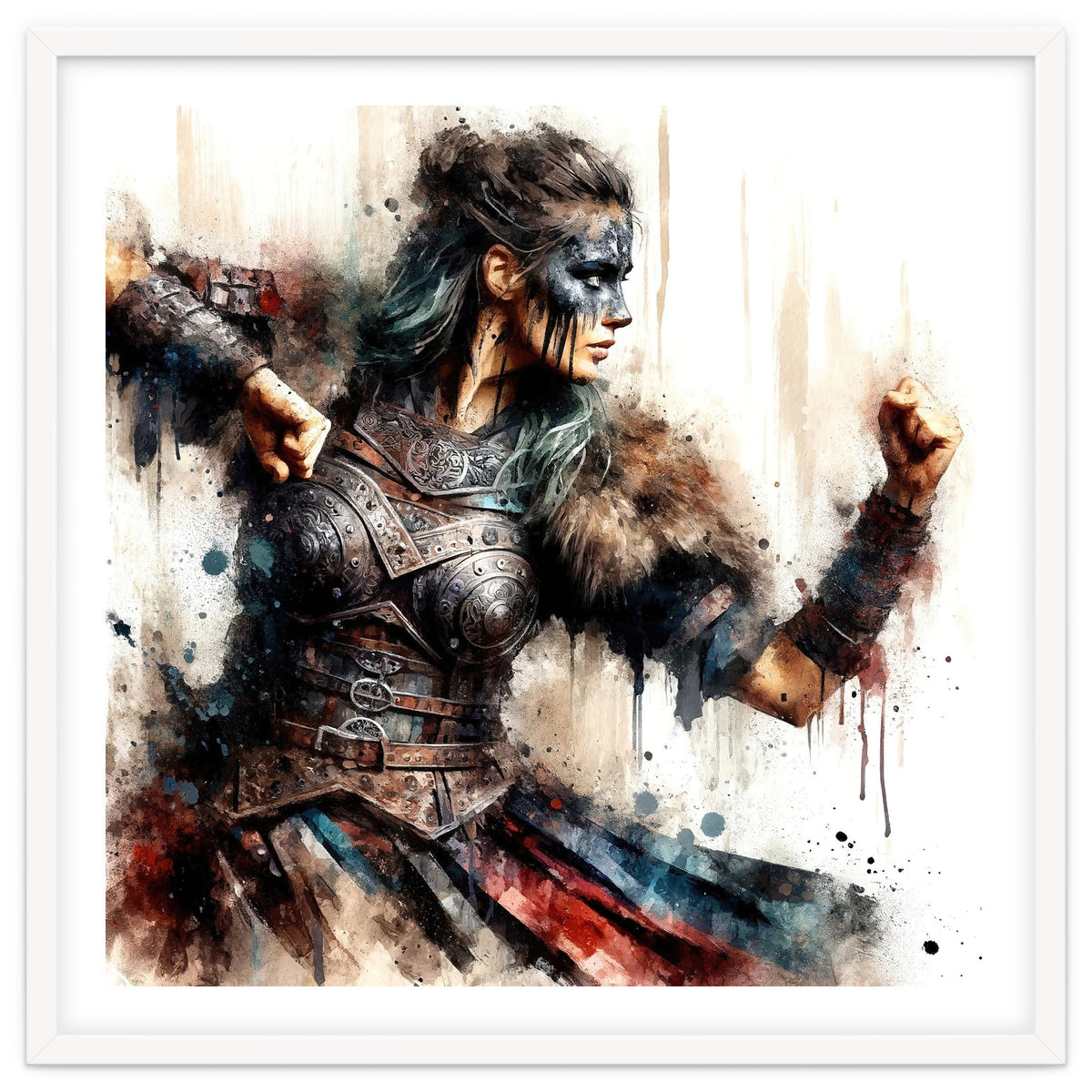 Viking Warrior Woman Watercolor Portrait